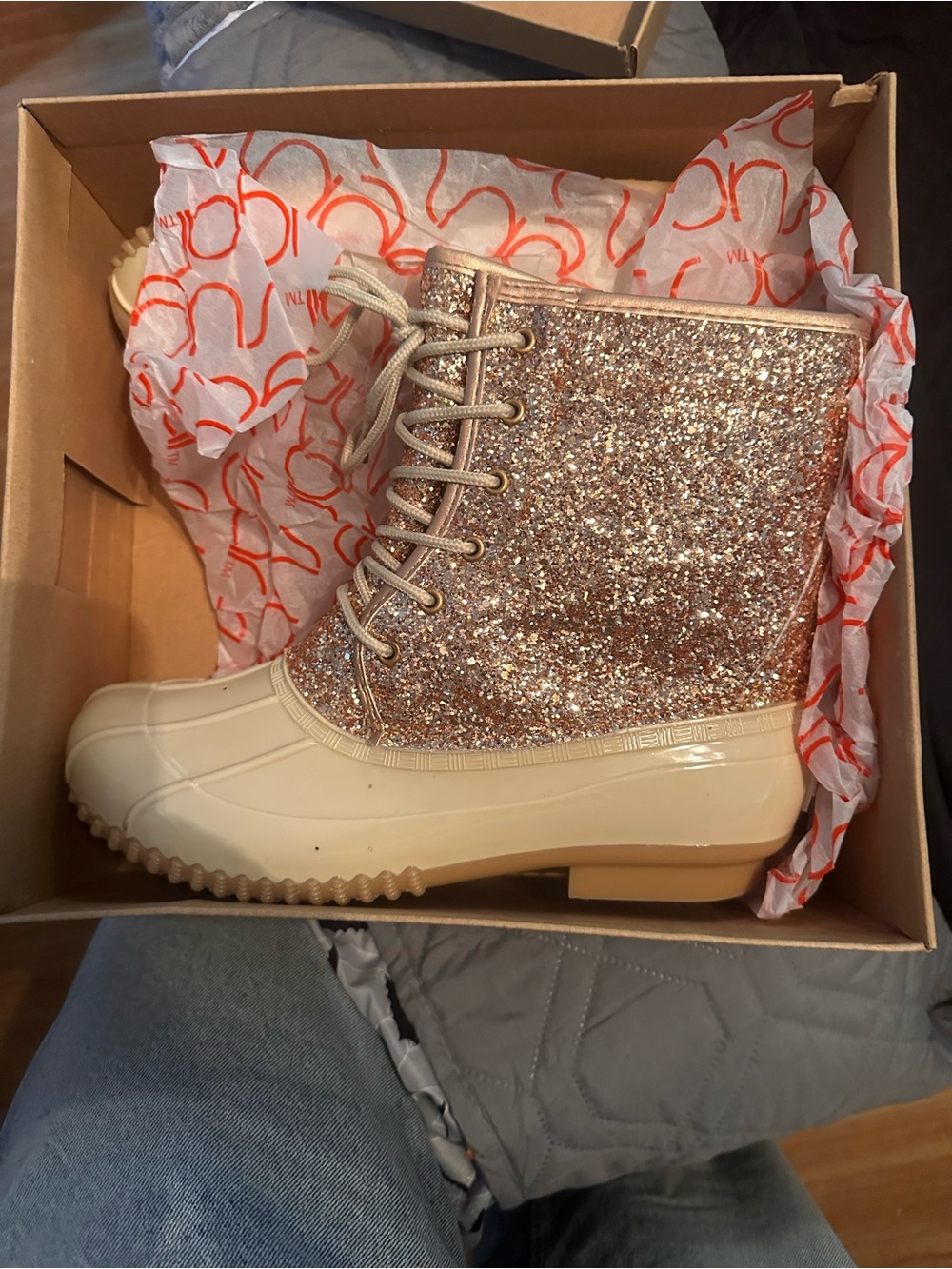 Women's Glitter Lace-Up Duck Boots - Rose Gold size 9